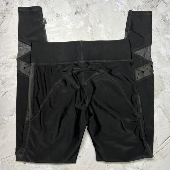 Terez SIZE Small Star Laser Cut Vegan Leather Panel Leggings Black Mesh 2241 - Picture 12 of 12